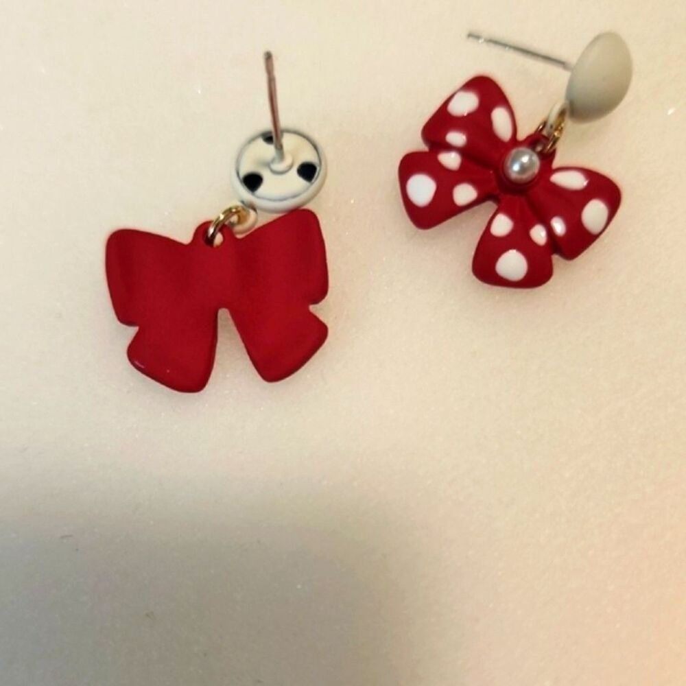 Red Polka Dot Bow Earrings M Mouse free shipping - Picture 2 of 4